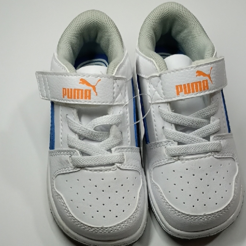 Puma Kids White Sneakers with Blue Stripe and Orange Logo